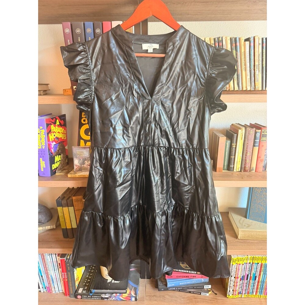 Entro Faux Leather Mini Dress Womens Medium Black Ruffle Cap Sleeve Babydoll